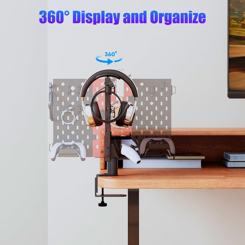 PUTORSEN Headphone and Controller Holder for Desk, Rotatable DIY Modular Headphones Holder & Controller Stand with Cable Hooks, Clamped Above/Under Desk for Xbox PS5 PS4 Switch Controller - Image 4